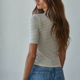 Knit Mock Neck Short Sleeve Top | Cream Black