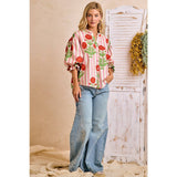 Stripe Flower Printed Woven Bubbled Sleeves Button Blouse