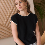 Short Sleeve Knit Navy Sweater Top with Contrast Trim