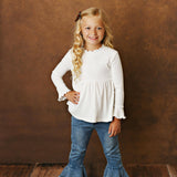 Kids White Long Sleeve Lettuce Trim Ribbed Fall Winter Shirt