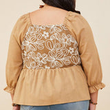 Womens Floral Embroidered Mix Media Peplum Top