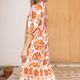 Ruffled Neck Boarder Printed Tiered Midi Dress