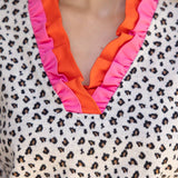 Zelly Double Contrast Ruffle Detailed Animal Printed Knit Blouse