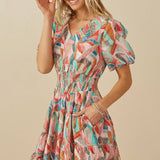 Womens Abstract Botanical Smocked Cotton Linen Dress