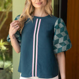 Geometric Jaquard Bubble Sleeve Striped Trim Front Top: Green