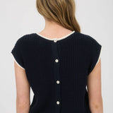 Short Sleeve Knit Navy Sweater Top with Contrast Trim