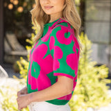 V-Collared Ribbed Floral Knit Top