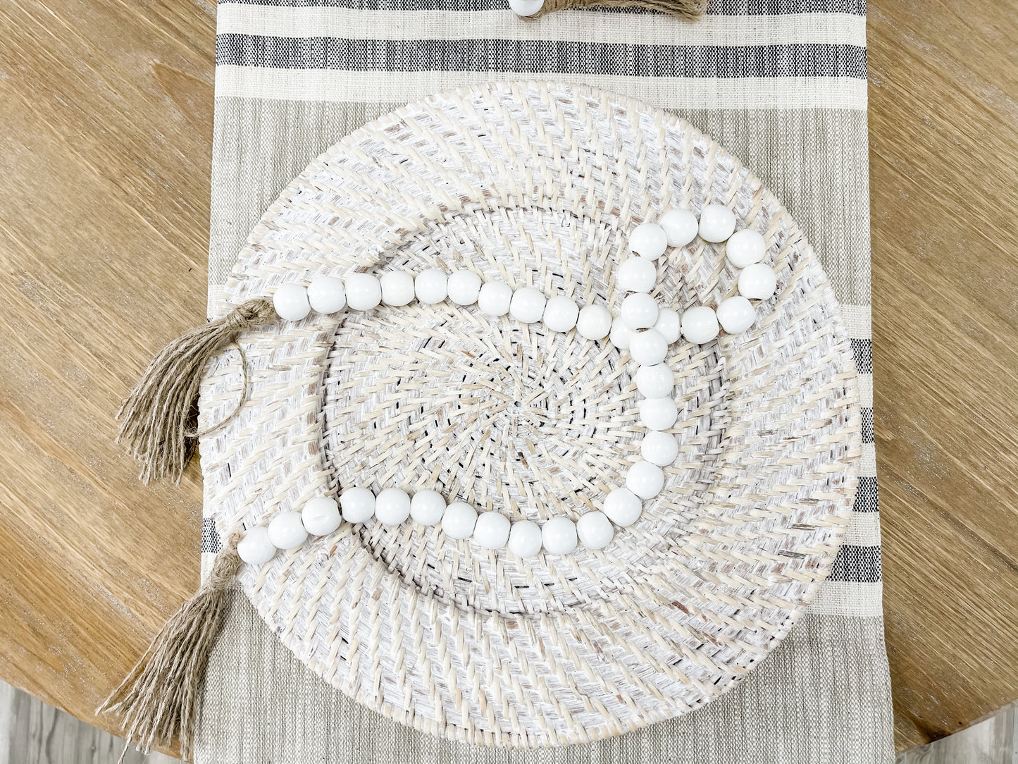 Wooden Garland with Tassel | White Beads