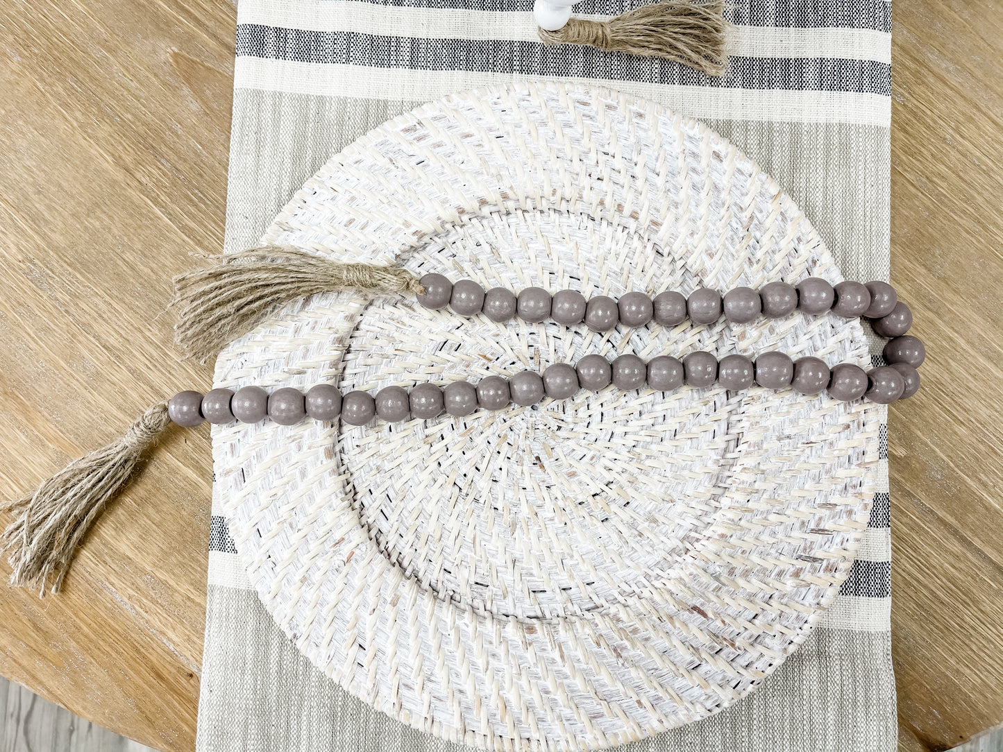 Wooden Garland with Tassel | Taupe Beads