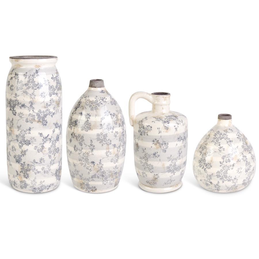 Ceramic Cream Crackle w/Gray Floral Vases