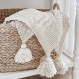 Knit Throw Blanket With Tassels: Cream