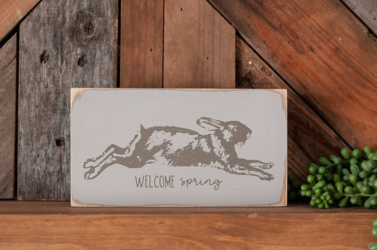 Welcome Spring Rabbit Easter Bunny Block Sign