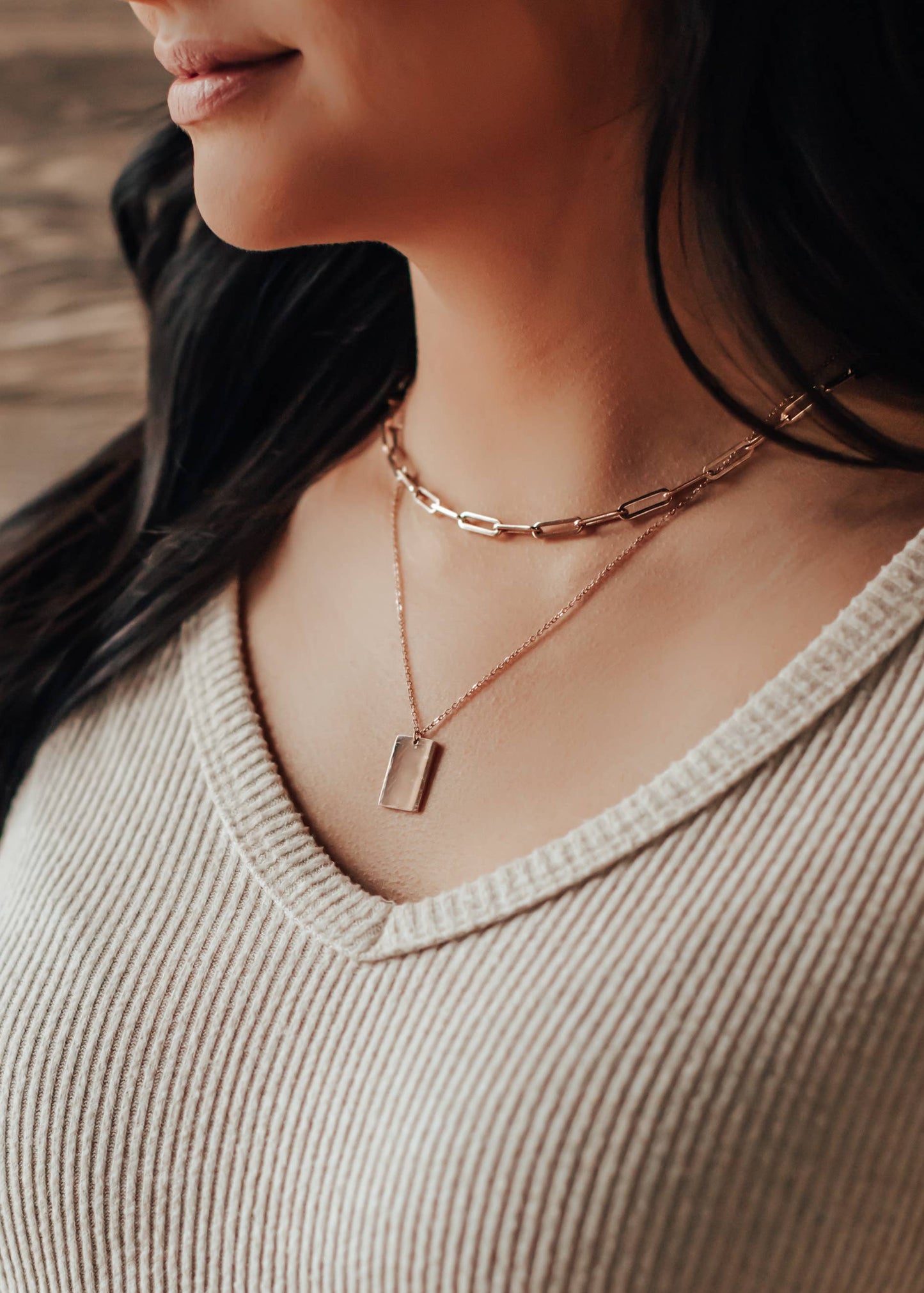 Rose Gold Layered Necklace with Rectangle Pendant