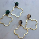 Gold Clover Earrings, Acrylic Stud Earrings, Cross Jewelry Green