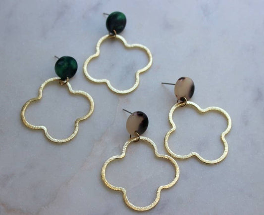 Gold Clover Earrings, Acrylic Stud Earrings, Cross Jewelry Green