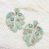 Seed Bead & Jewel Palm Leaf Dangle Earrings - Mint