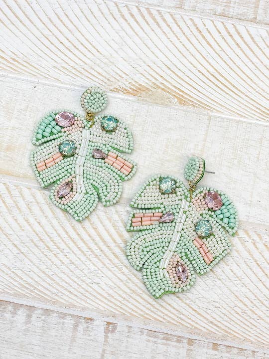 Seed Bead & Jewel Palm Leaf Dangle Earrings - Mint