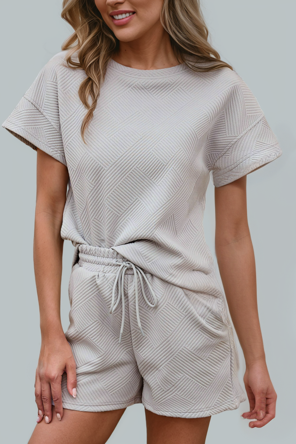 Solid Textured Drawstring Shorts Set |Gray