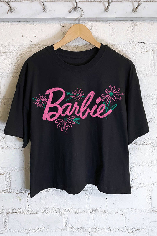 Barbie Flower Graphic Long Crop Top | Black