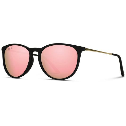 Drew Round Polarized Metal Temple Sunglasses | Black Pink Lens