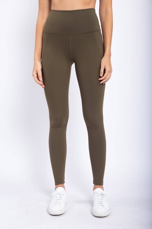 Tapered Band Essential Solid Highwaist Leggings - Olive