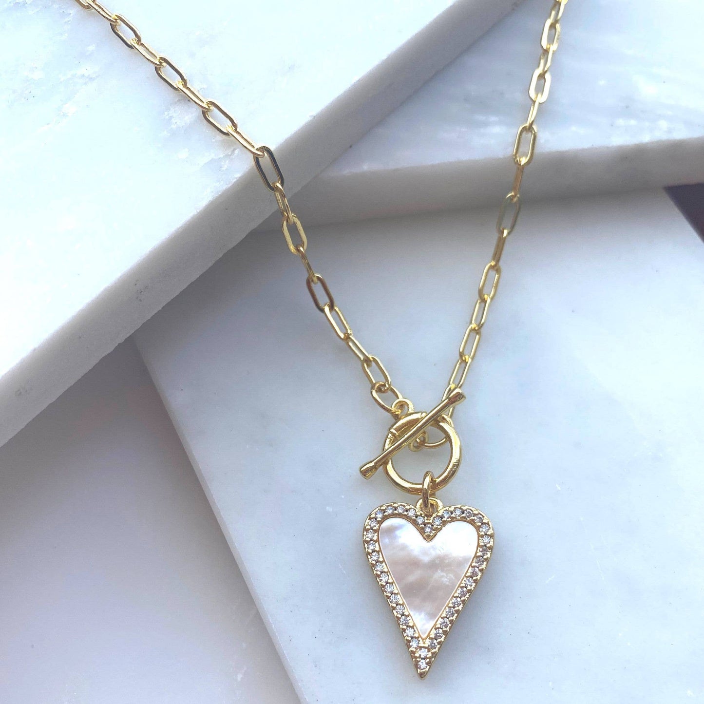 Mother of Pearl Pave Heart Toggle Necklace