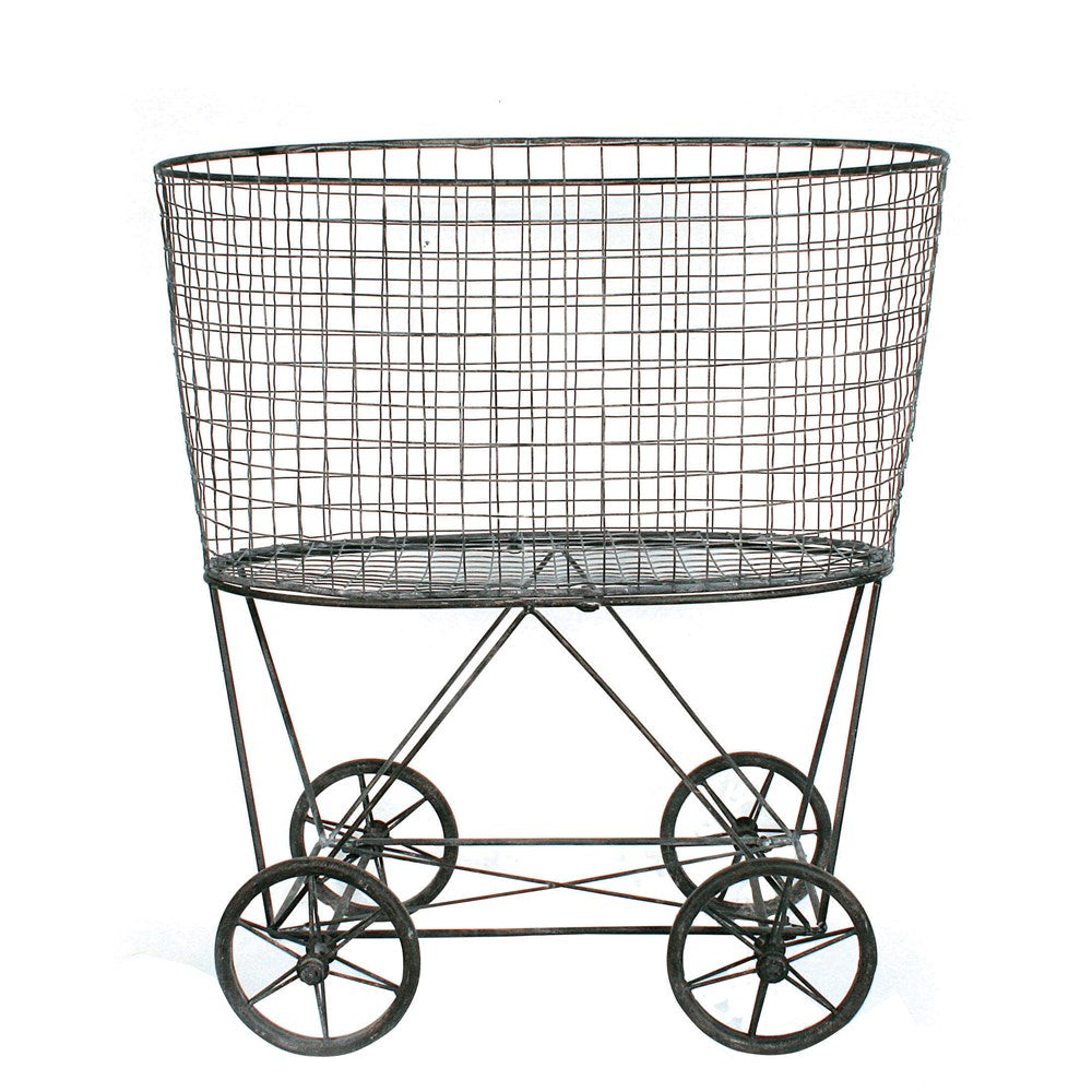 Metal Reproduction of Vintage Laundry Basket On Wheels