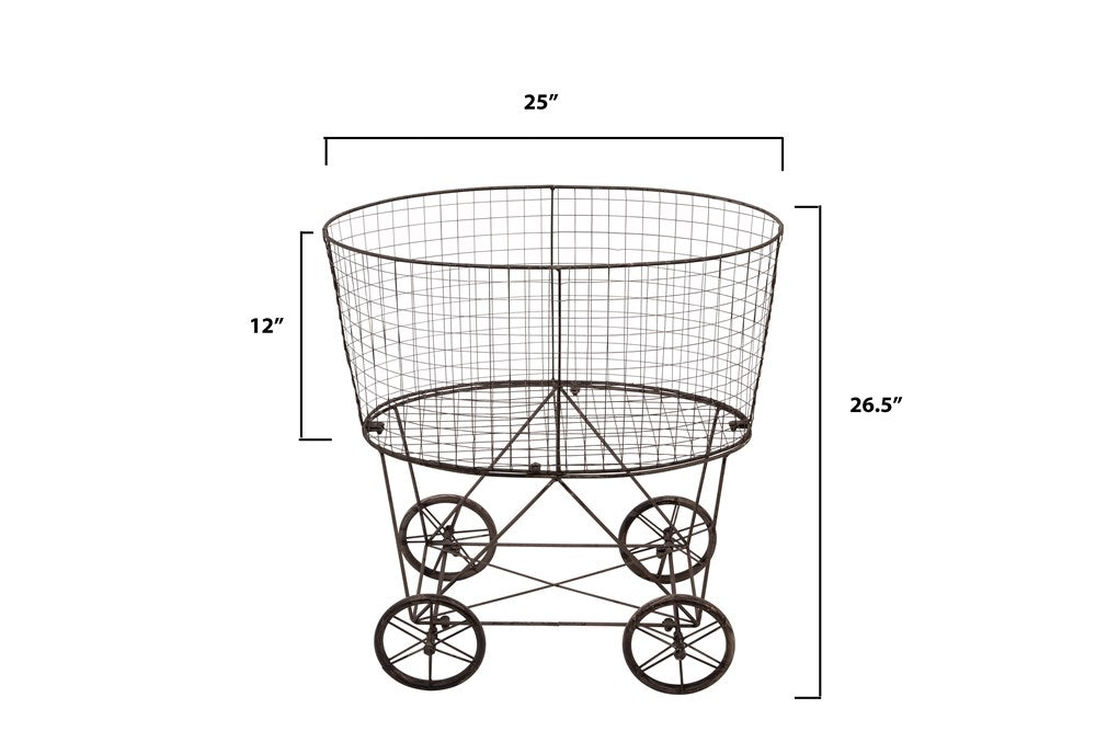 Metal Reproduction of Vintage Laundry Basket On Wheels
