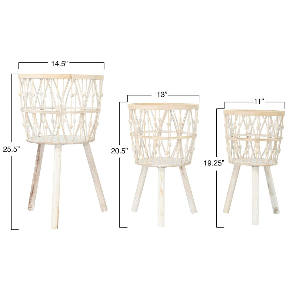 Bamboo Wood Baskets w/ Legs, Whitewash | 3 sizes