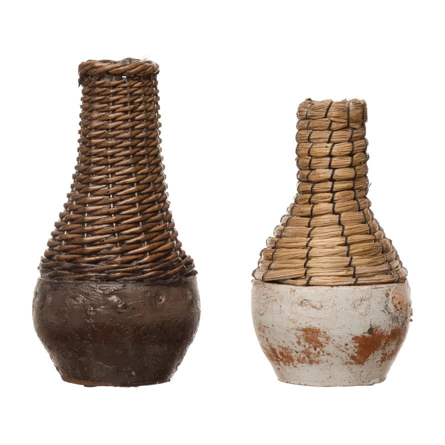 Hand-Woven Rattan and Clay Vase