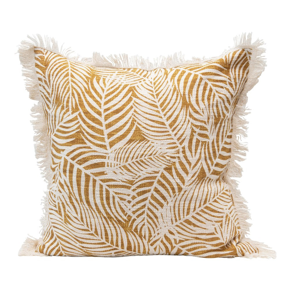 24" Square Cotton Slub Pillow w/ Palm Frond Pattern & Fringe, Mustard Color & Natural
