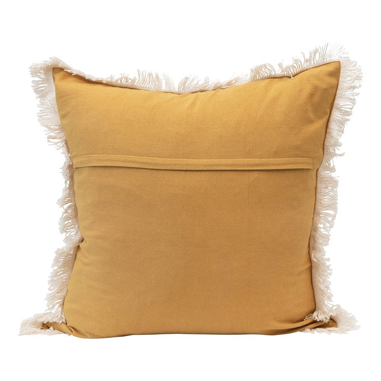 24" Square Cotton Slub Pillow w/ Palm Frond Pattern & Fringe, Mustard Color & Natural