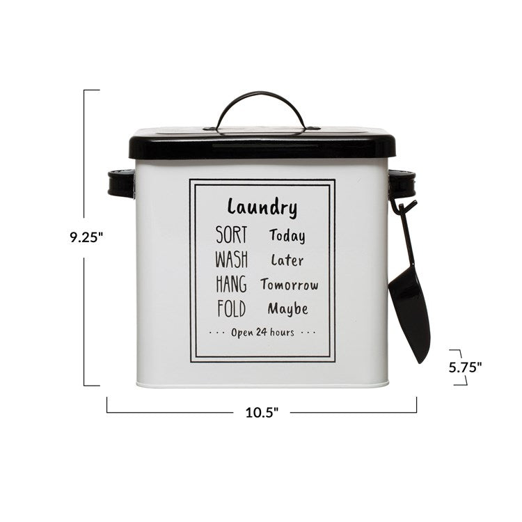 Metal Laundry Soap Container with Lid & Scoop "Laundry", White & Black