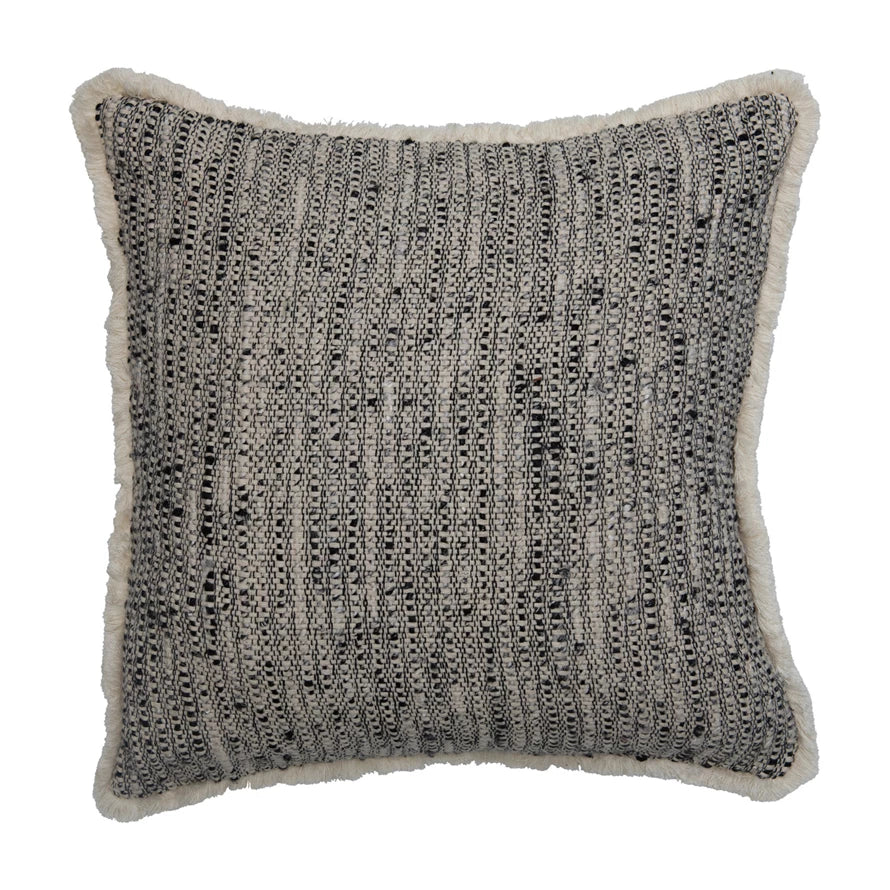 Woven Cotton Pillow w/ Chambray Back & Eyelash Fringe, Down Fill