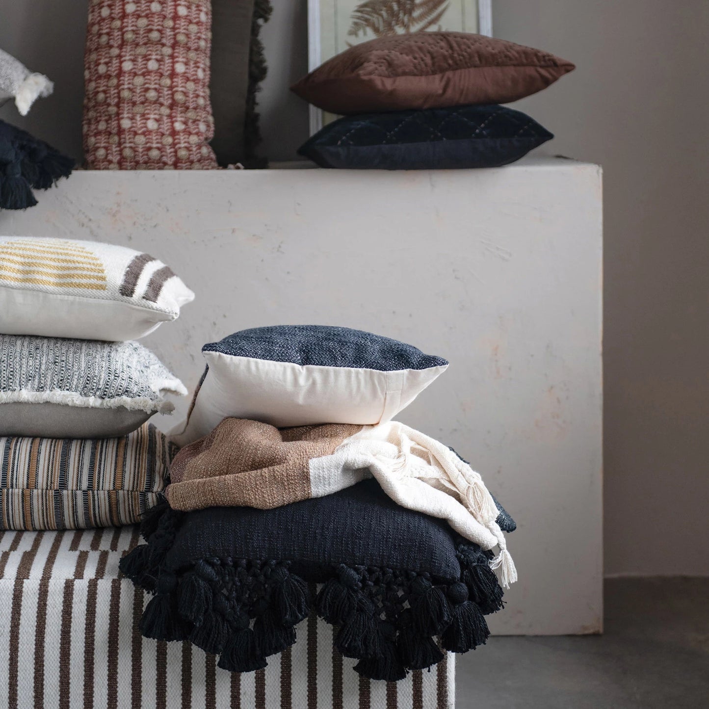Woven Cotton Pillow w/ Chambray Back & Eyelash Fringe, Down Fill