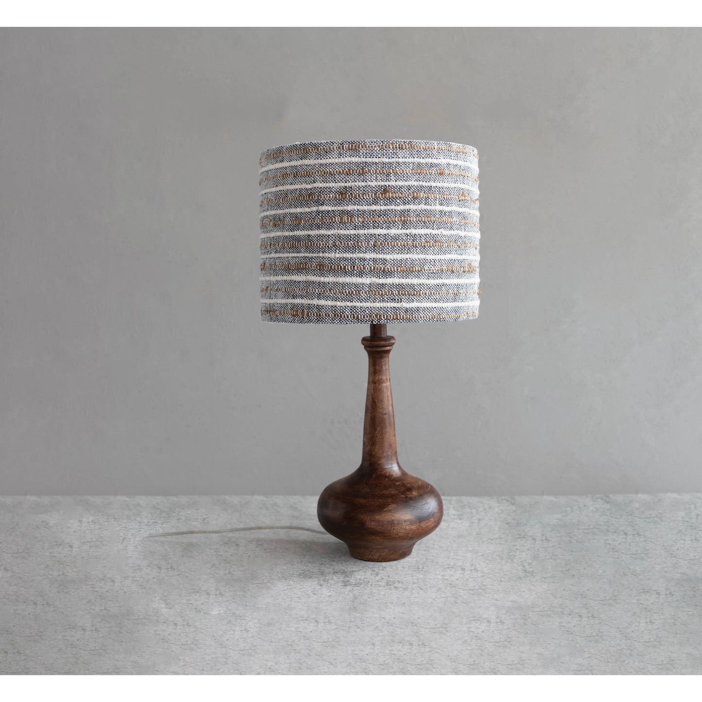 Mango Wood Table Lamp with Woven Cotton and Linen Striped Shade