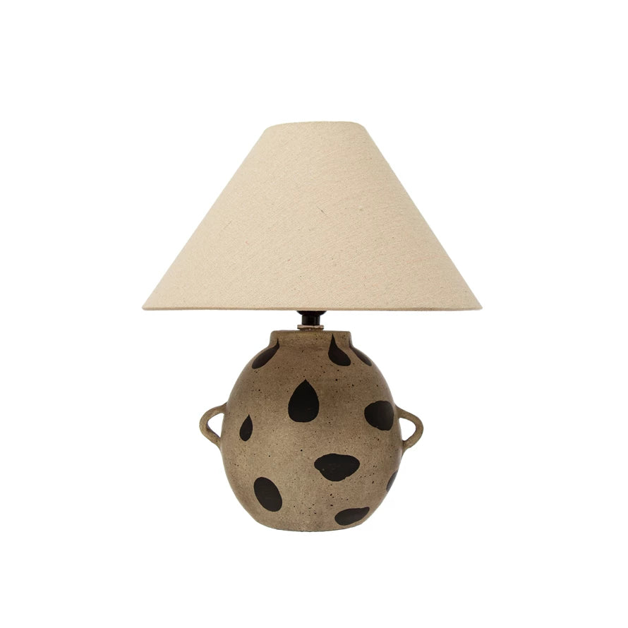 Hand-Painted Terra-cotta Table Lamp with Dots and Fabric Shade