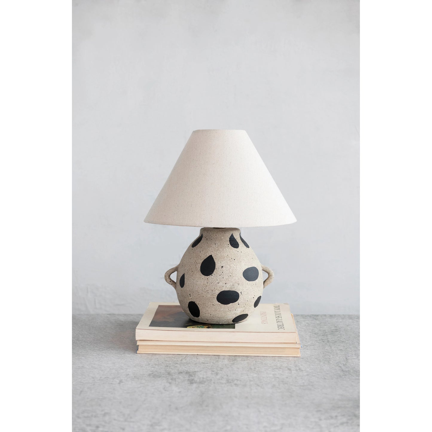 Hand-Painted Terra-cotta Table Lamp with Dots and Fabric Shade