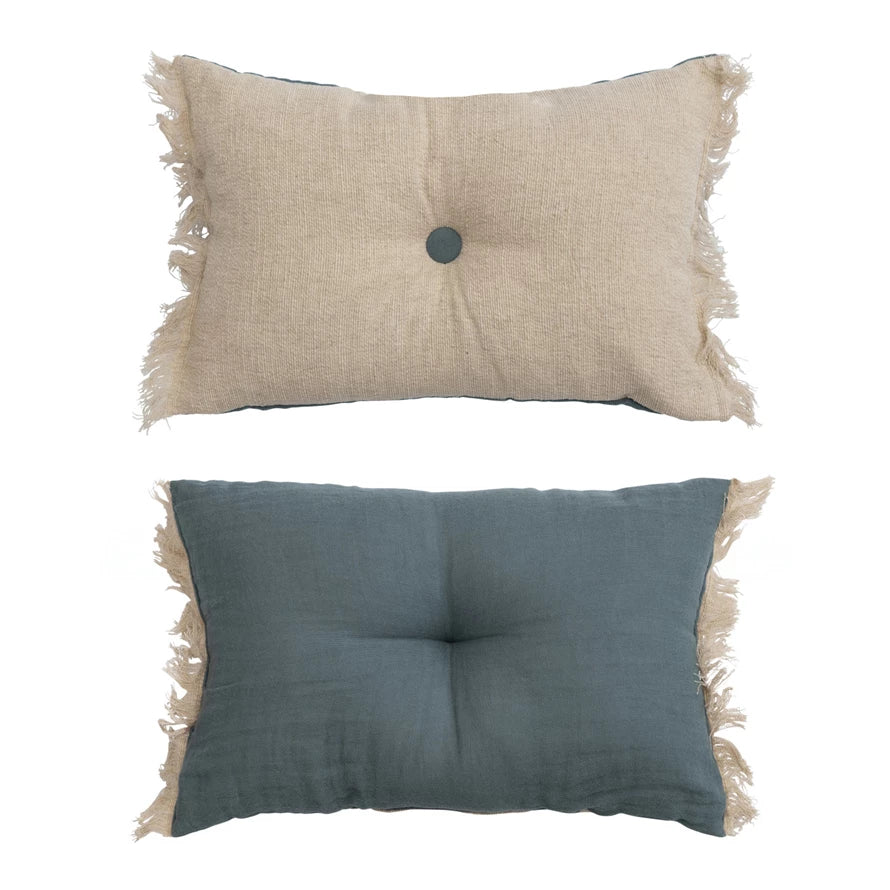 Two-Sided Linen Blend Tufted Lumbar Pillow w/ Button & Fringe