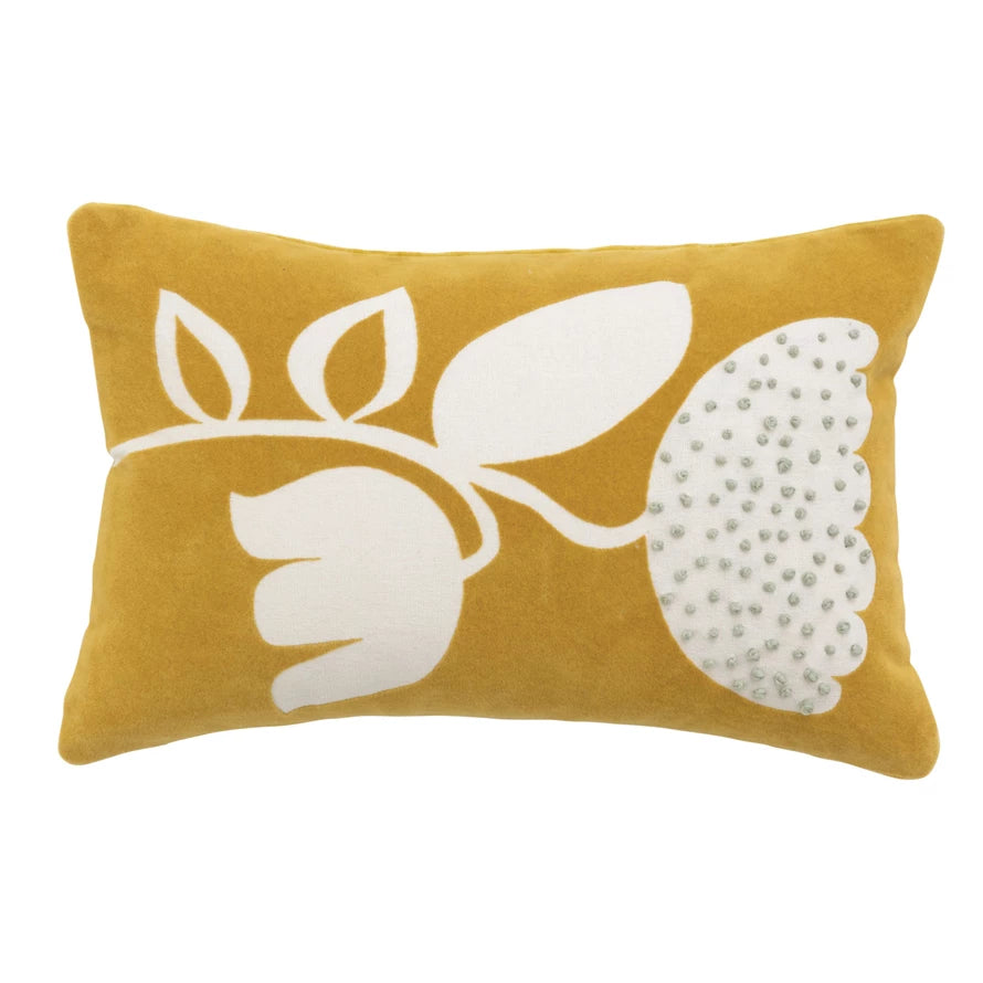 Cotton Velvet Lumbar Pillow w/ Embroidered Flowers & French Knots