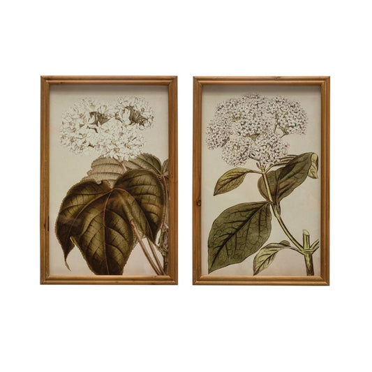 Wood Framed Glass Wall Décor w/ Flowers, White & Green, 2 Styles