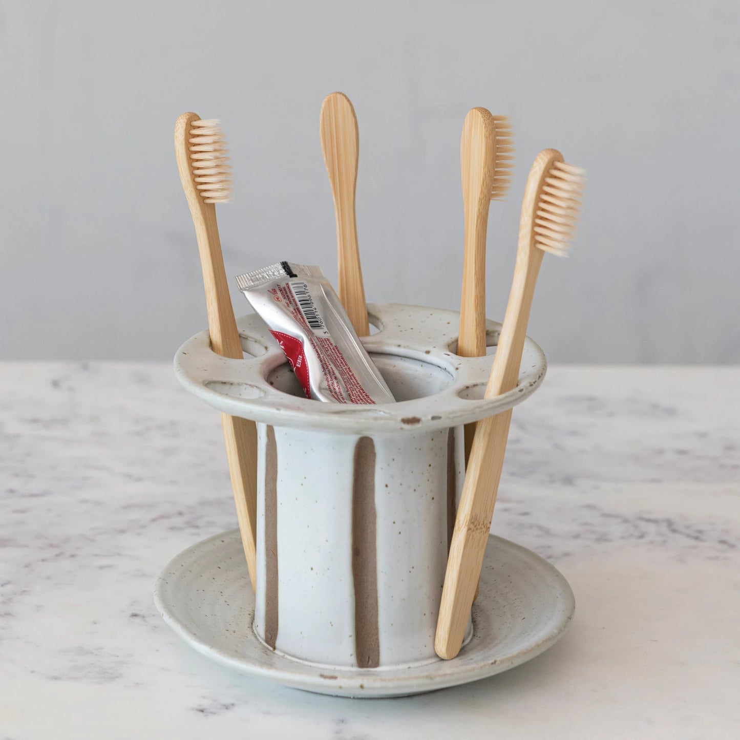 Stoneware Toothbrush Holder w/ Debossed Stripes, Reactive Glaze (Each One Will Vary)