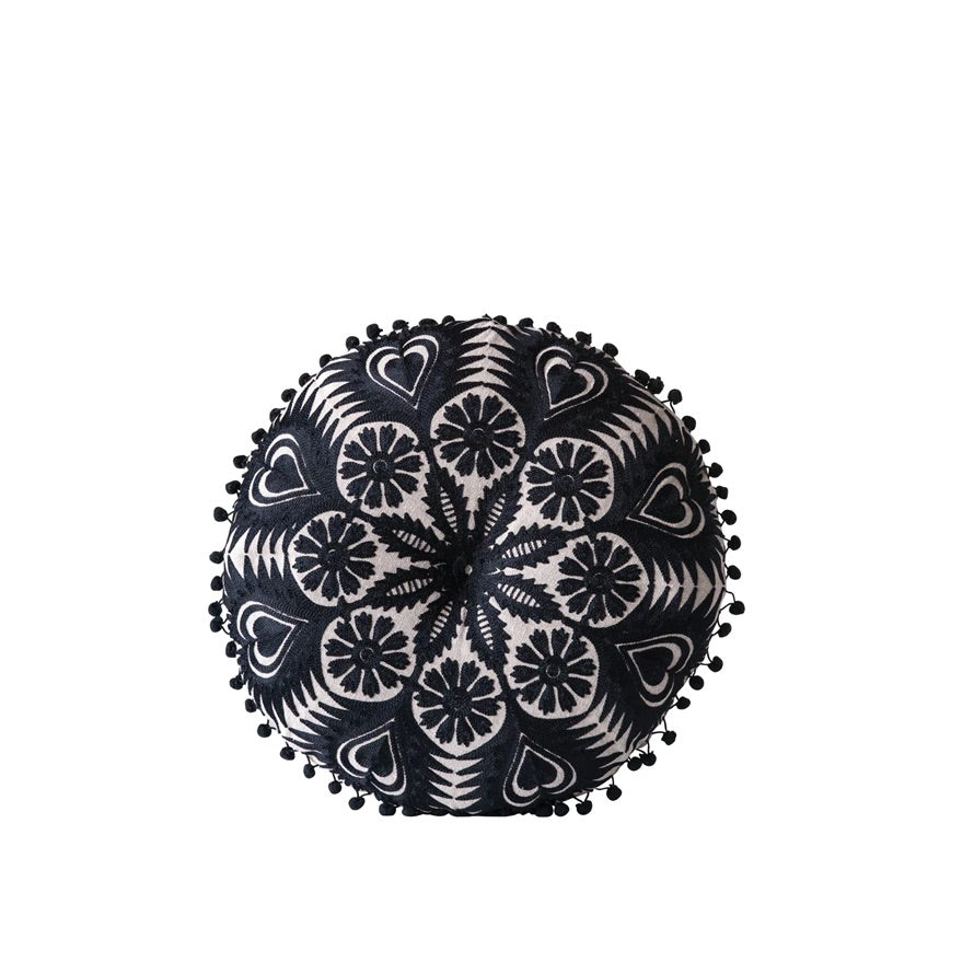 Cotton Embroidered Pillow with Pom Pom Trim