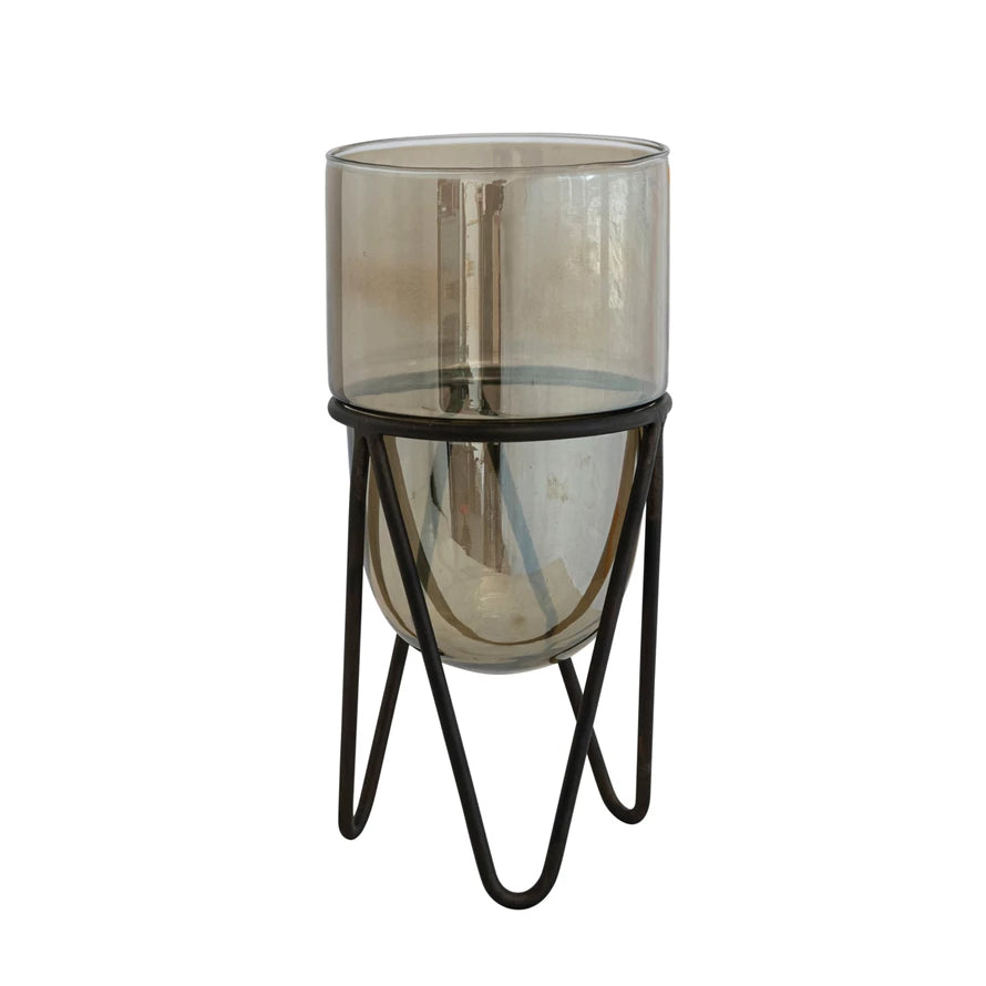Iridescent Glass Candle Holder w/ Metal Stand, Matte Brown