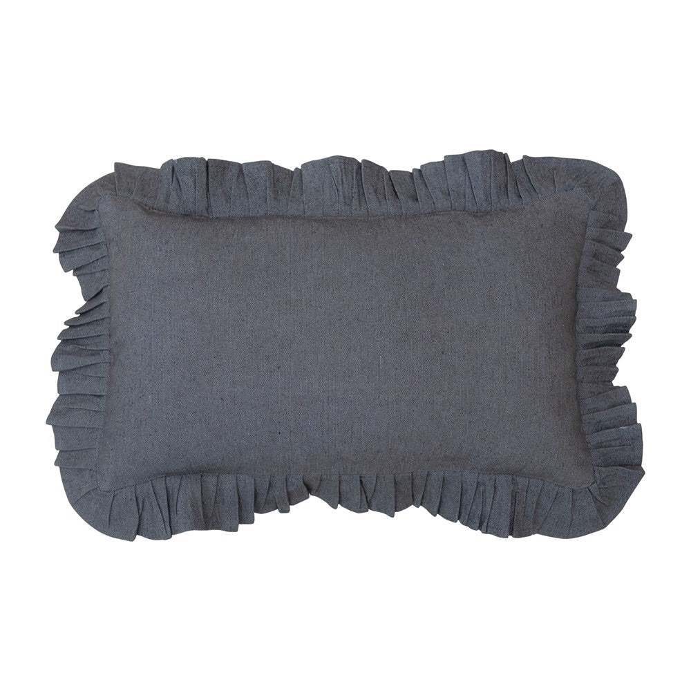 Woven Cotton Chambray Lumbar Pillow with Ruffle Trim, Charcoal Color