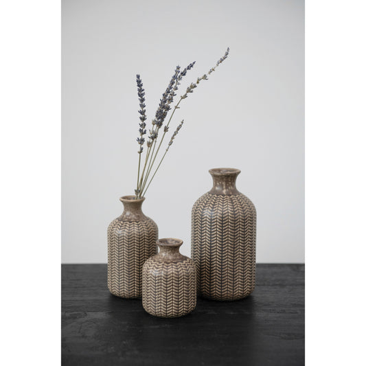 Embossed Stoneware Vase, Tan