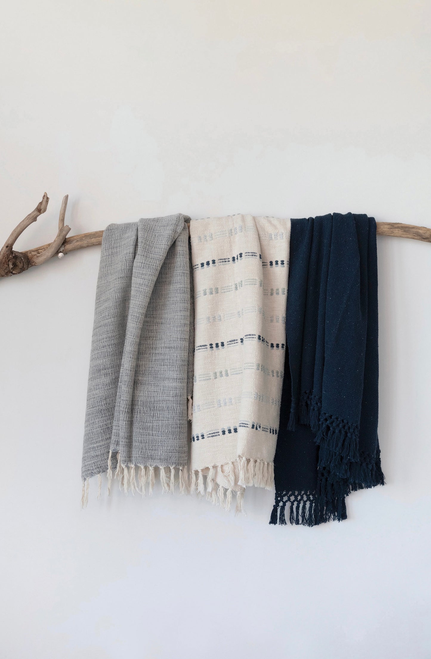 Woven Wool Blend Throw with Fringe | Blue