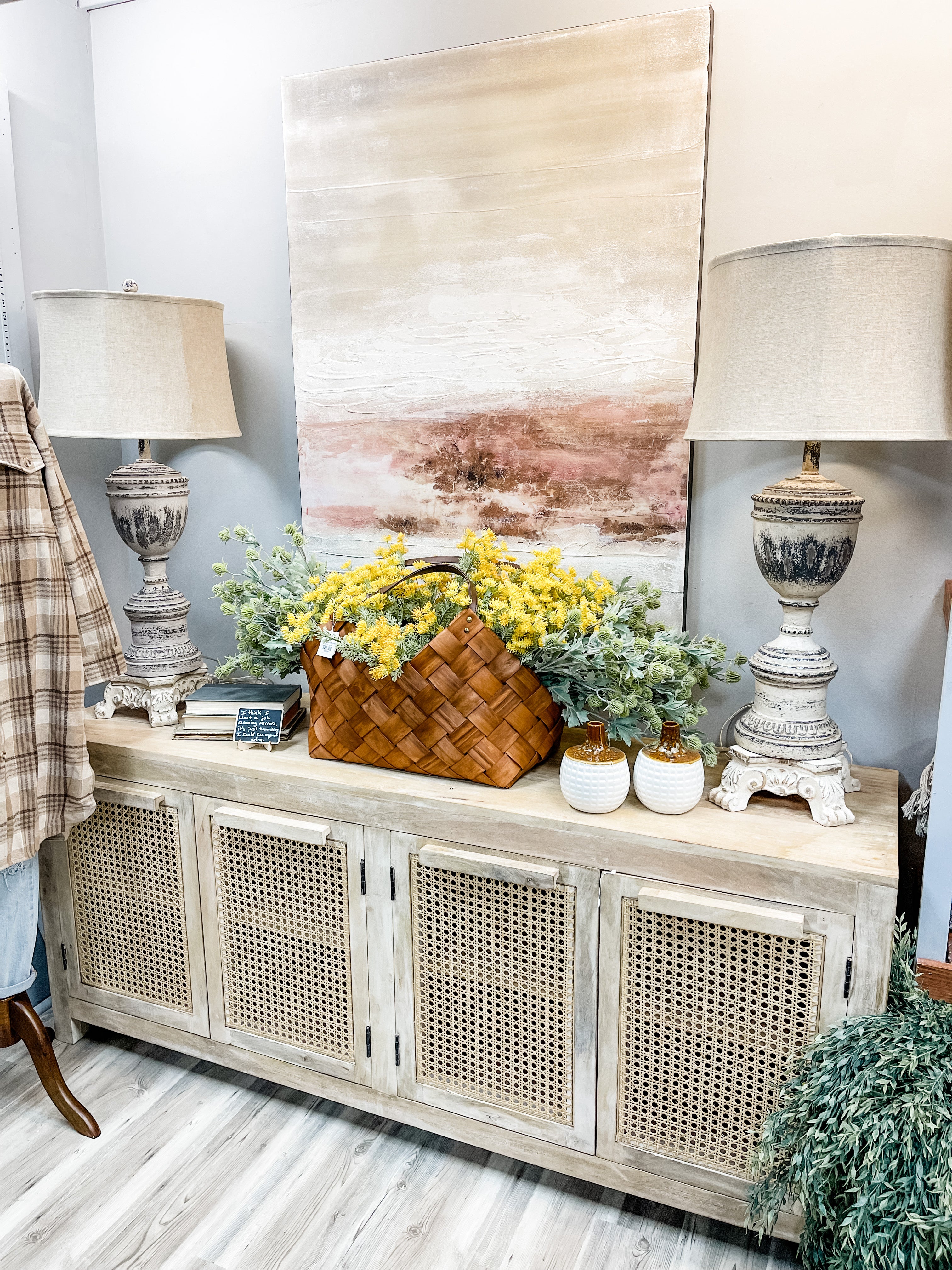 Mango Wood and Cane Sideboard with Shelf