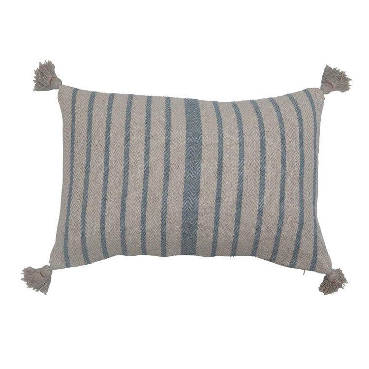 Woven Recycled Cotton Blend Lumbar Pillow with Stripes & Tassels, Blue & White