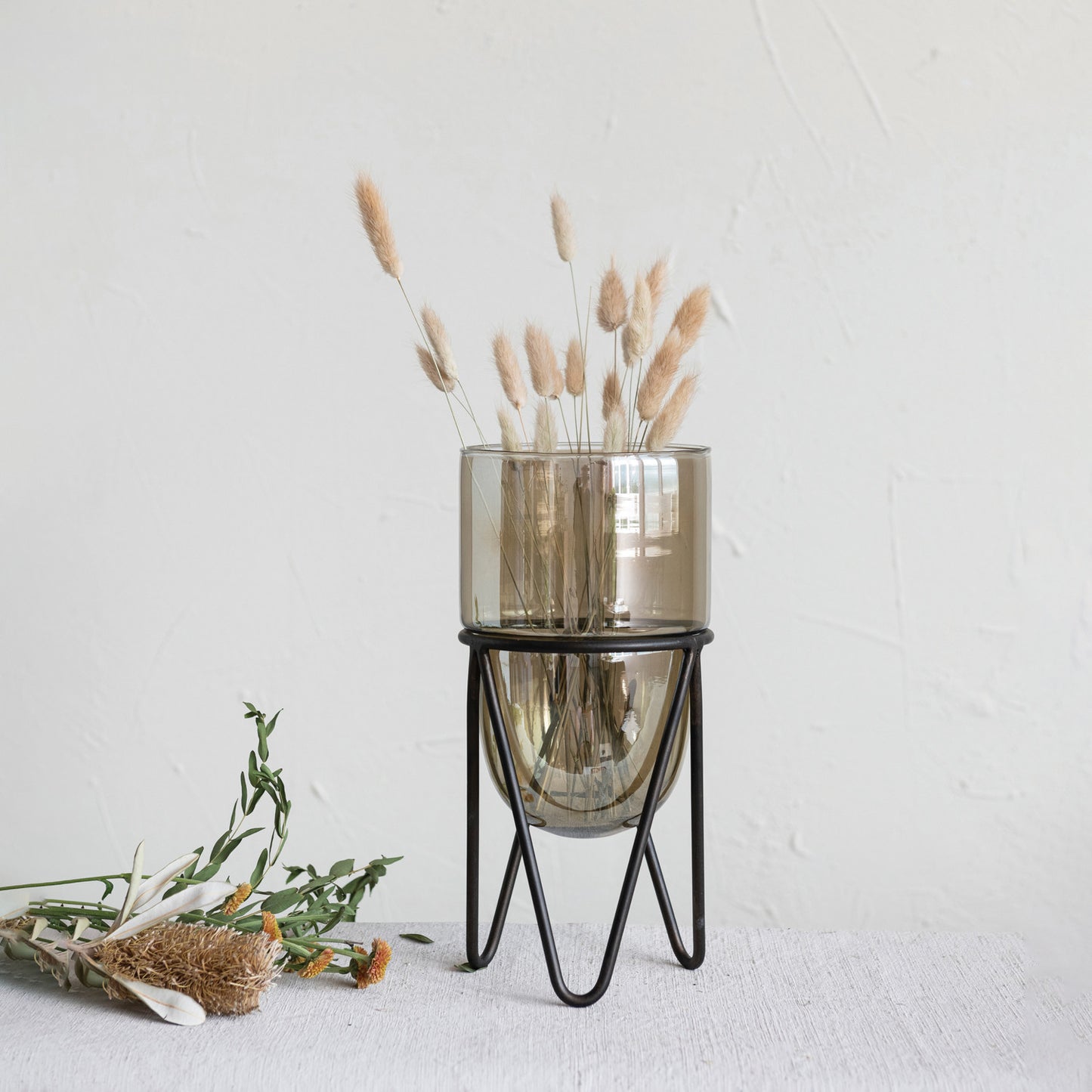 Iridescent Glass Candle Holder w/ Metal Stand, Matte Brown